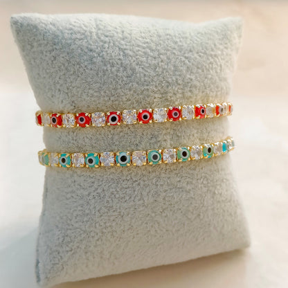 Sky Blue & Red Evil Eye American Diamond Tennis Bracelets for Women (Pack of 2)