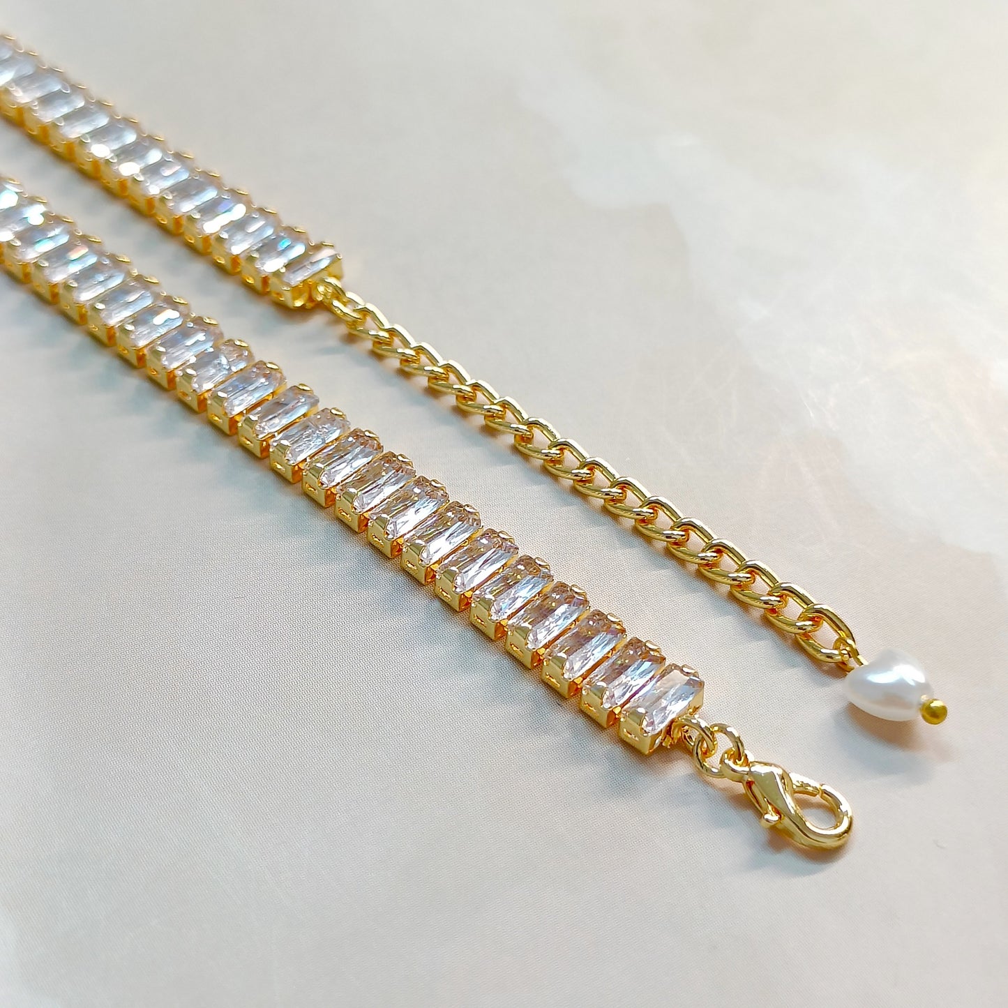Golden Baguette American Diamond Tennis Bracelet for Women
