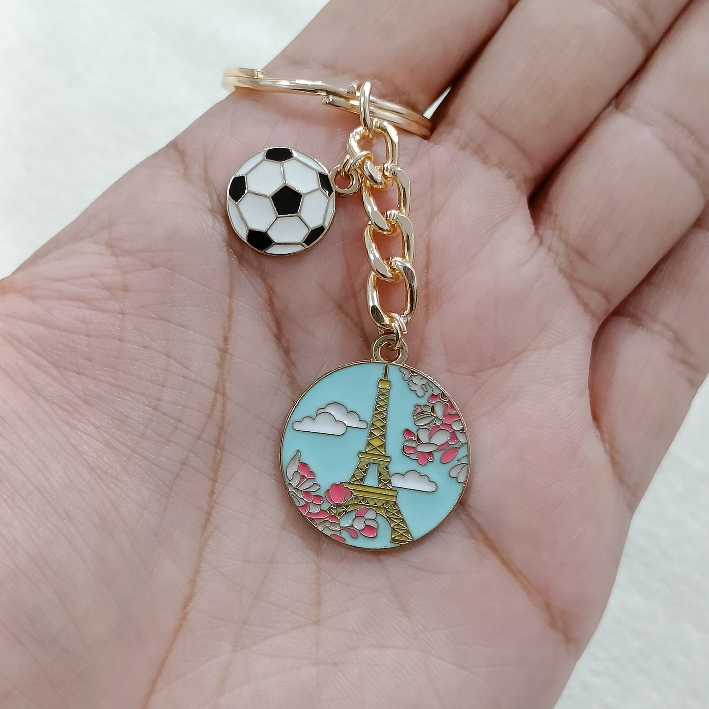 Paris Eiffel Tower & Mini Football Charms Keychain