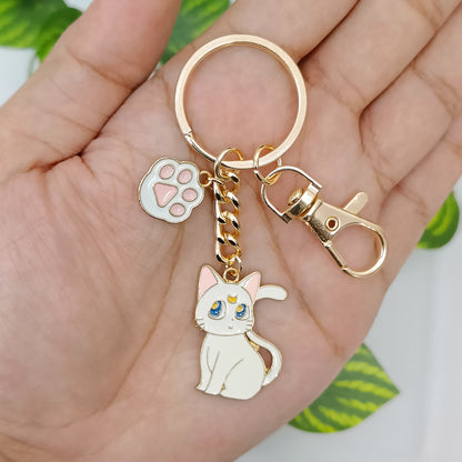 White Sailormoon Cat & Pink Paw Bag Charm Keychain