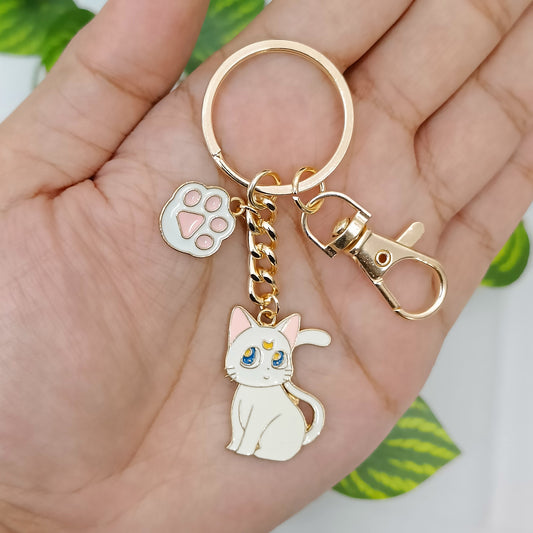 White Sailormoon Cat & Pink Paw Bag Charm Keychain