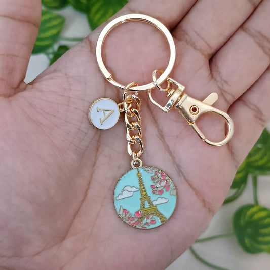 Paris Eiffel Tower & Personalized Initial Travel Bag Charm Keychain