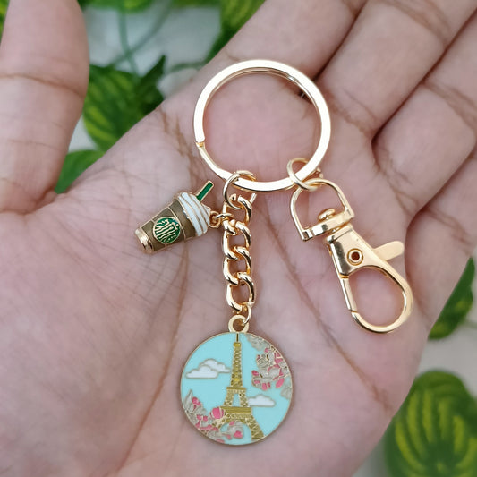 Paris Eiffel Tower & Starbucks Coffee Travel Bag Charm Keychain