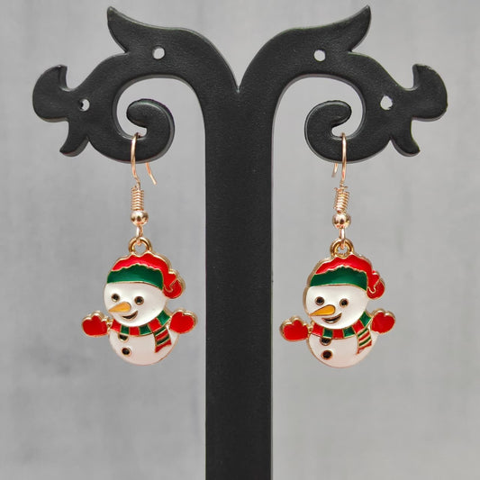 Happy Snowman Rose Golden Christmas Earrings