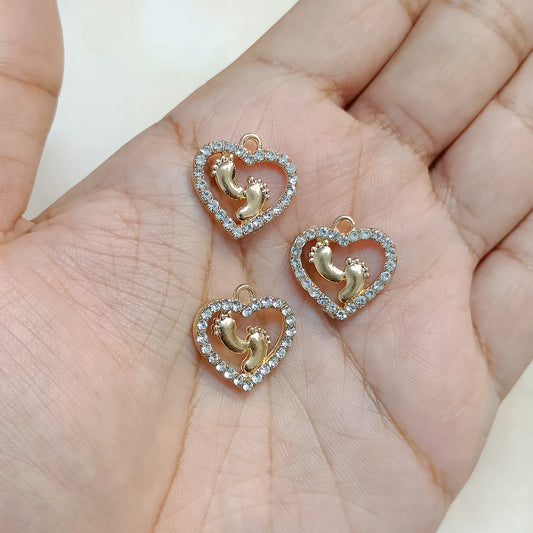Studded Golden Heart with Cute Baby Feet Metal Charms