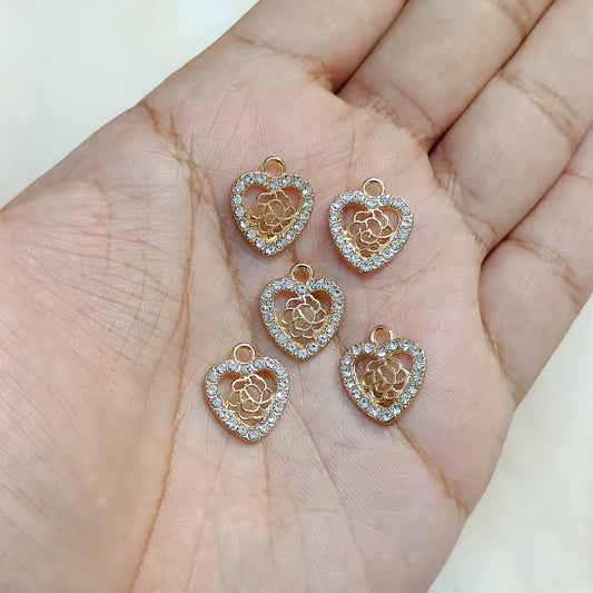 Cute Mini Studded Heart with Rose Flower Metal Charms