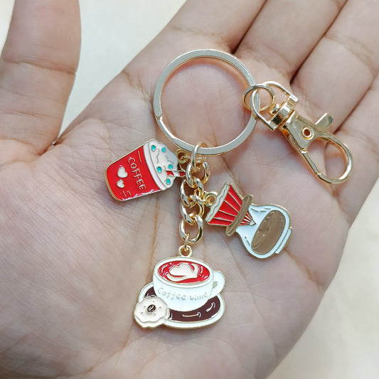 Pink Coffee Smoothie, Filter Pot & Donut Coffee Theme Bag Charm Keychain