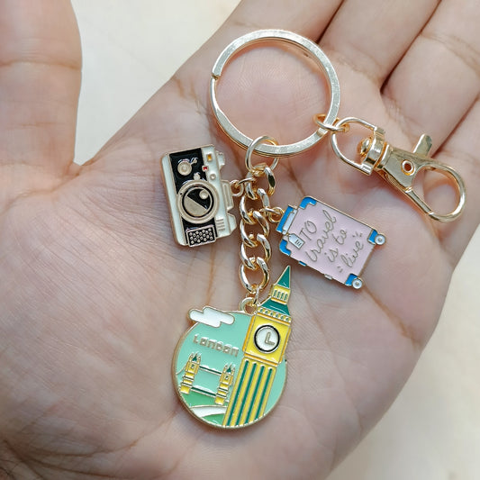 London Tourist Coin, Camera & Suitcase Travel Theme Bag Charm Keychain