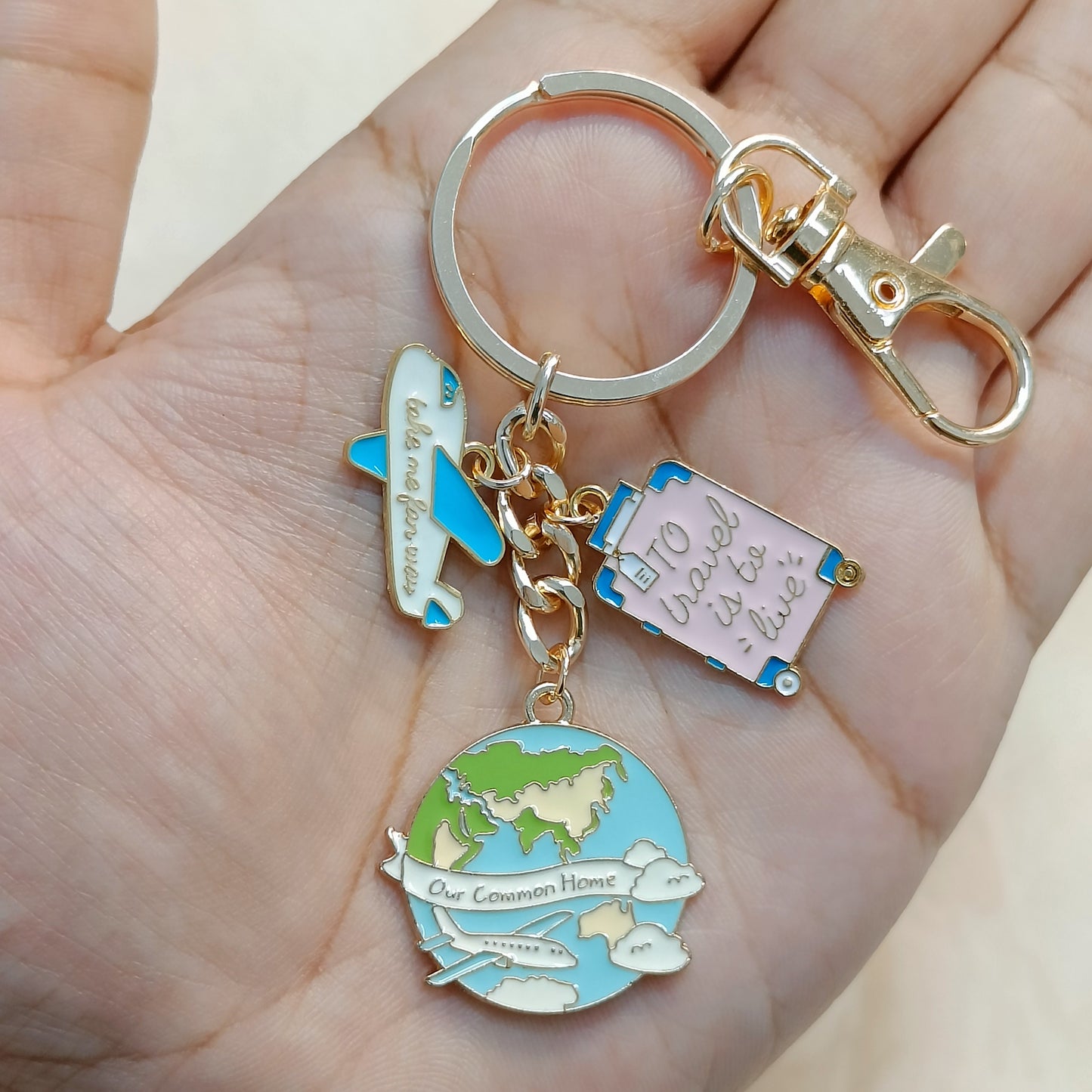 Travel Globe, Suitcase & Airplane Travel Theme Bag Charm Keychain