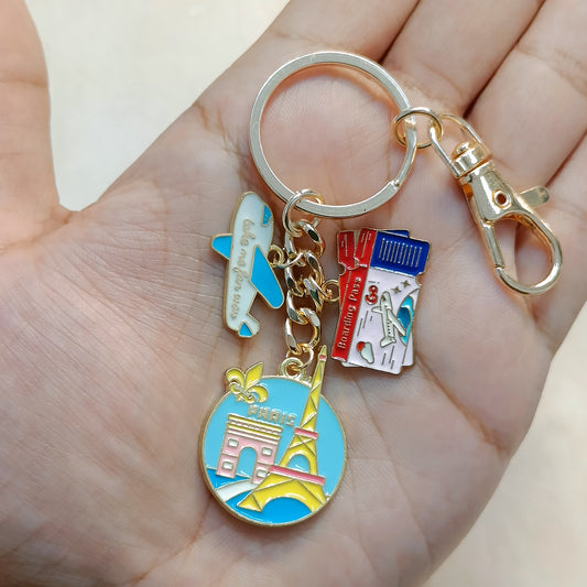 Paris Tourist Coin, Airplane & Boarding Pass Travel Theme Bag Charm Keychain