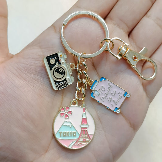 Tokyo Tourist Coin, Camera & Suitcase Travel Theme Bag Charm Keychain