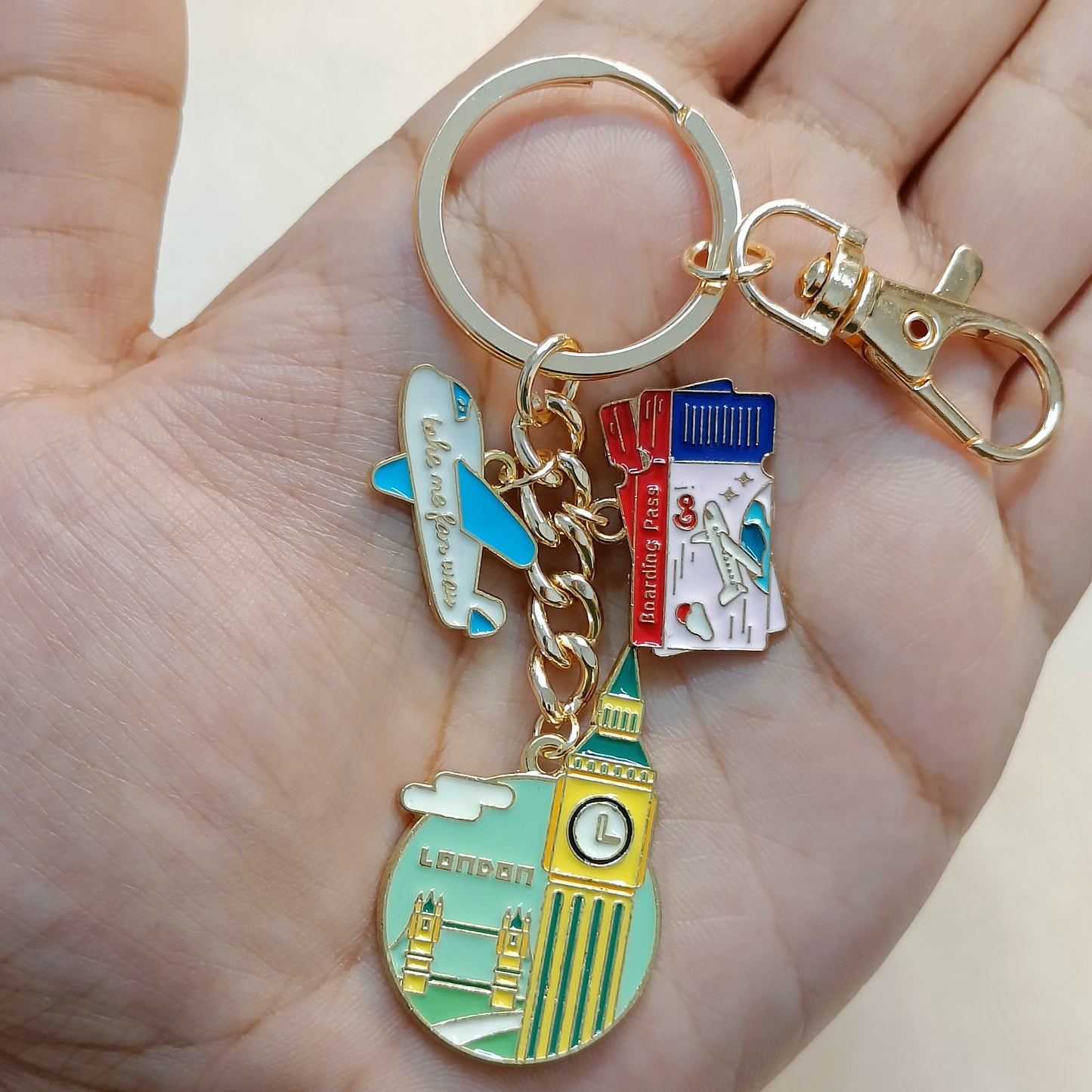 London Tourist Coin, Airplane & Boarding Pass Travel Theme Bag Charm Keychain