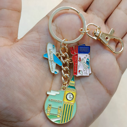 London Tourist Coin, Airplane & Boarding Pass Travel Theme Bag Charm Keychain