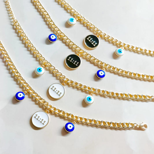 Manifest 11:11 Coin & Mini Evil Eye Curb Chain Bracelet for Women & Kids