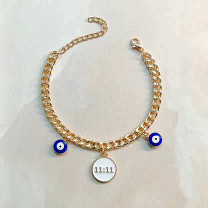 Manifest 11:11 Coin & Mini Evil Eye Curb Chain Bracelet for Women & Kids