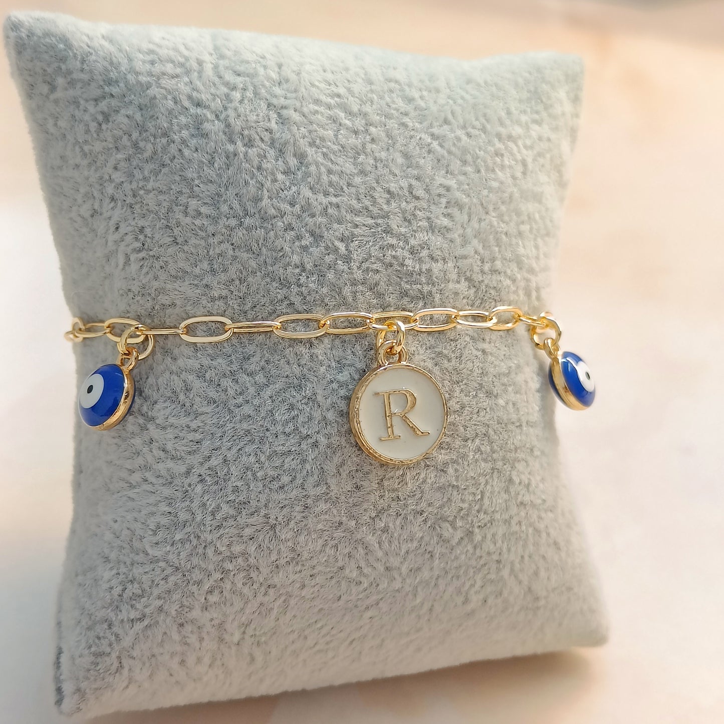 Personalized Initial Coin & Mini Evil Eye Paperclip Bracelet for Women & Kids