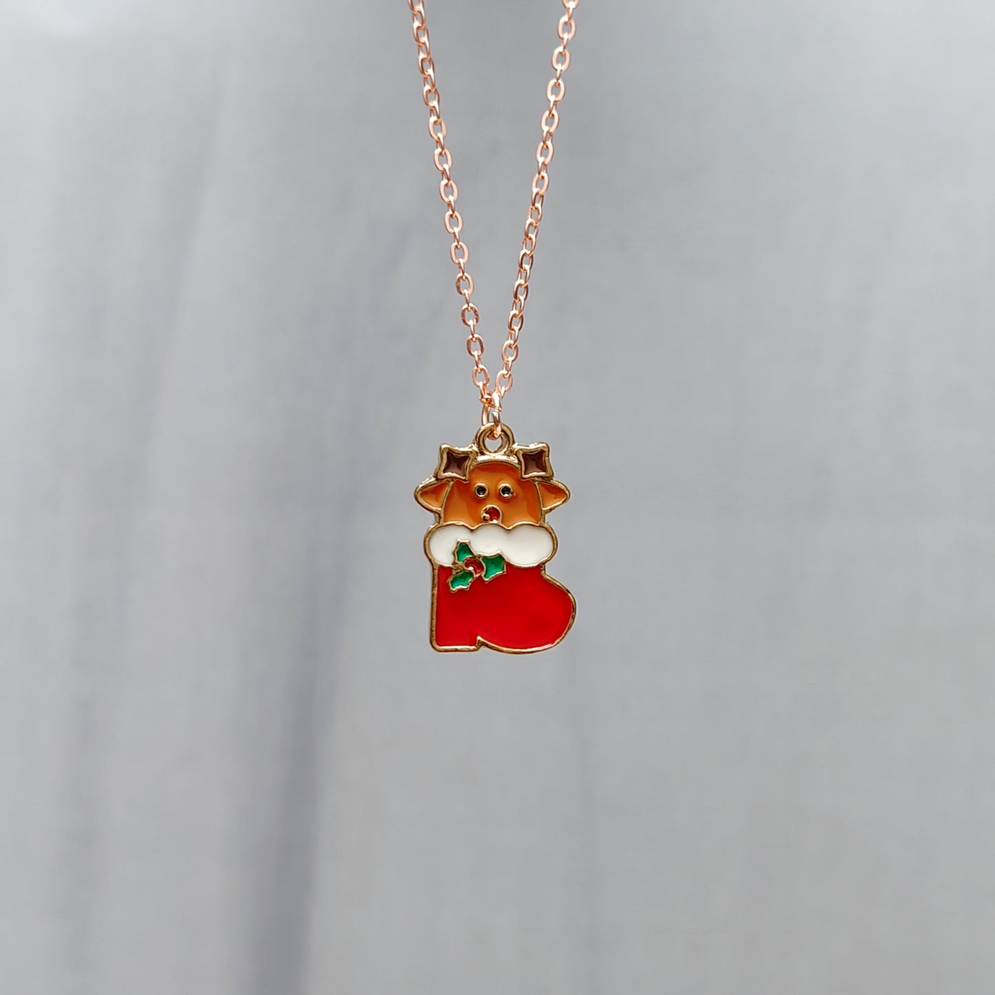 Cute Reindeer Sock Rose Golden Christmas Charm Necklace