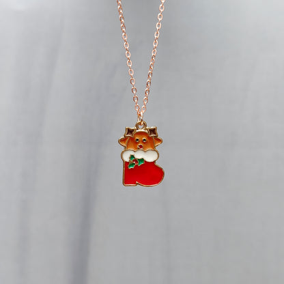 Cute Reindeer Sock Rose Golden Christmas Charm Necklace