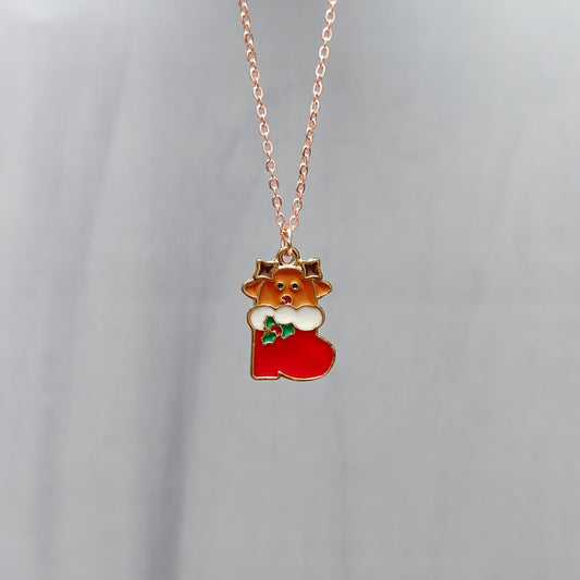 Cute Reindeer Sock Rose Golden Christmas Pendant Set (Necklace & Earrings)