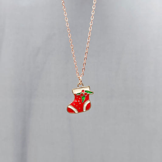 Mini Xmas Sock Rose Golden Christmas Charm Necklace