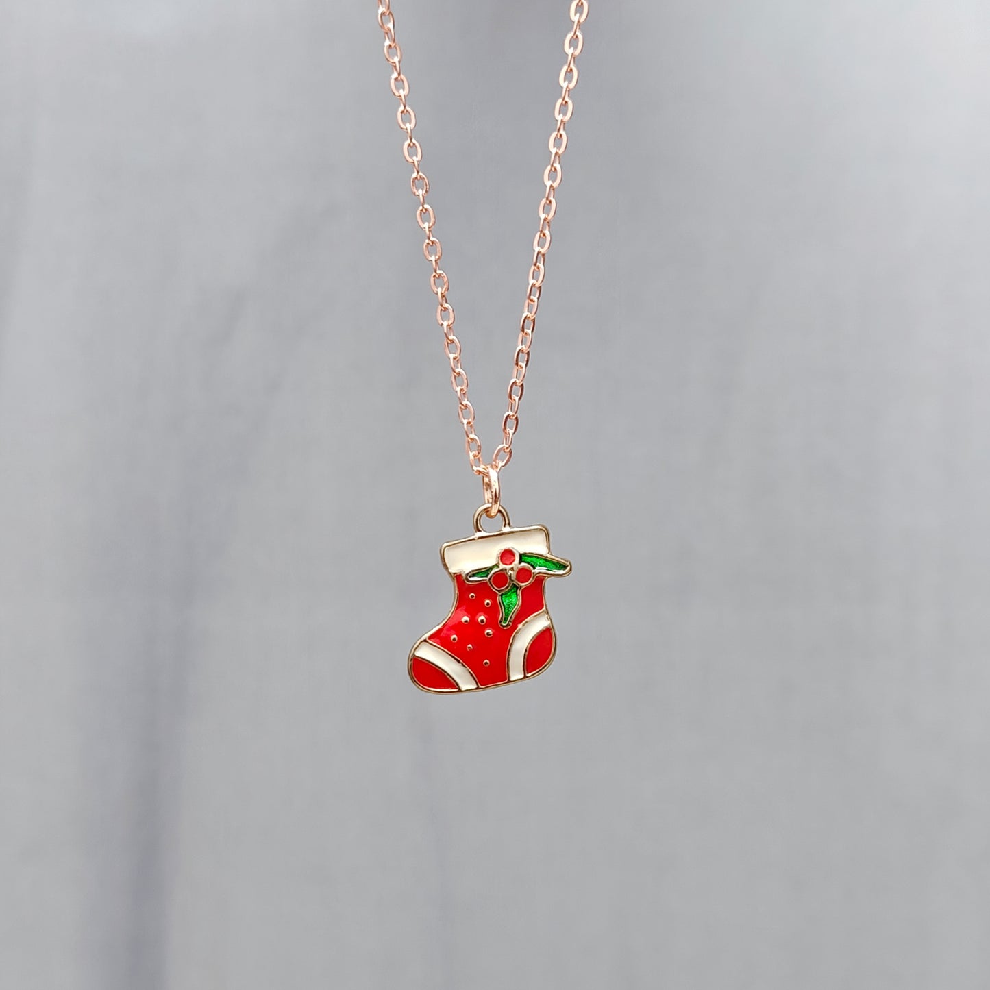 Mini Xmas Sock Rose Golden Christmas Pendant Set (Necklace & Earrings)