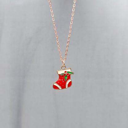 Mini Xmas Sock Rose Golden Christmas Pendant Set (Necklace & Earrings)