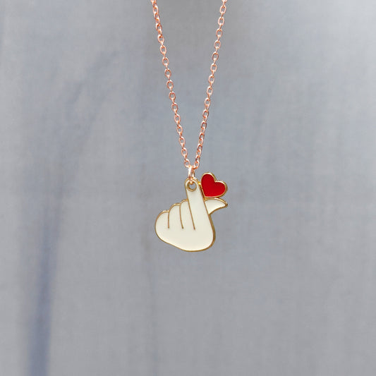 Finger-Heart Saranghae Rose Golden Christmas Pendant Set (Necklace & Earrings)