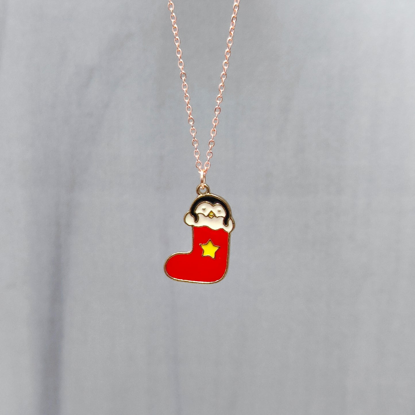 Cute Penguin Stocking Rose Golden Christmas Charm Necklace