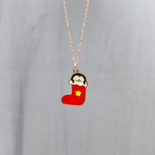 Cute Penguin Stocking Rose Golden Christmas Charm Necklace