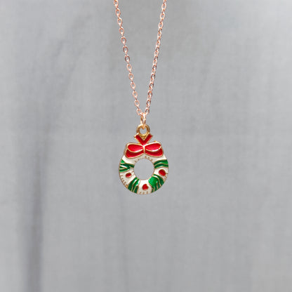 Wreath Rose Golden Christmas Charm Necklace
