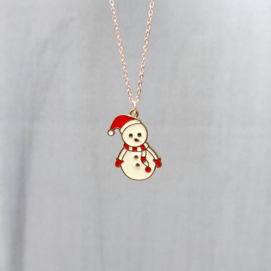 Chonky Snowman Rose Golden Christmas Charm Necklace