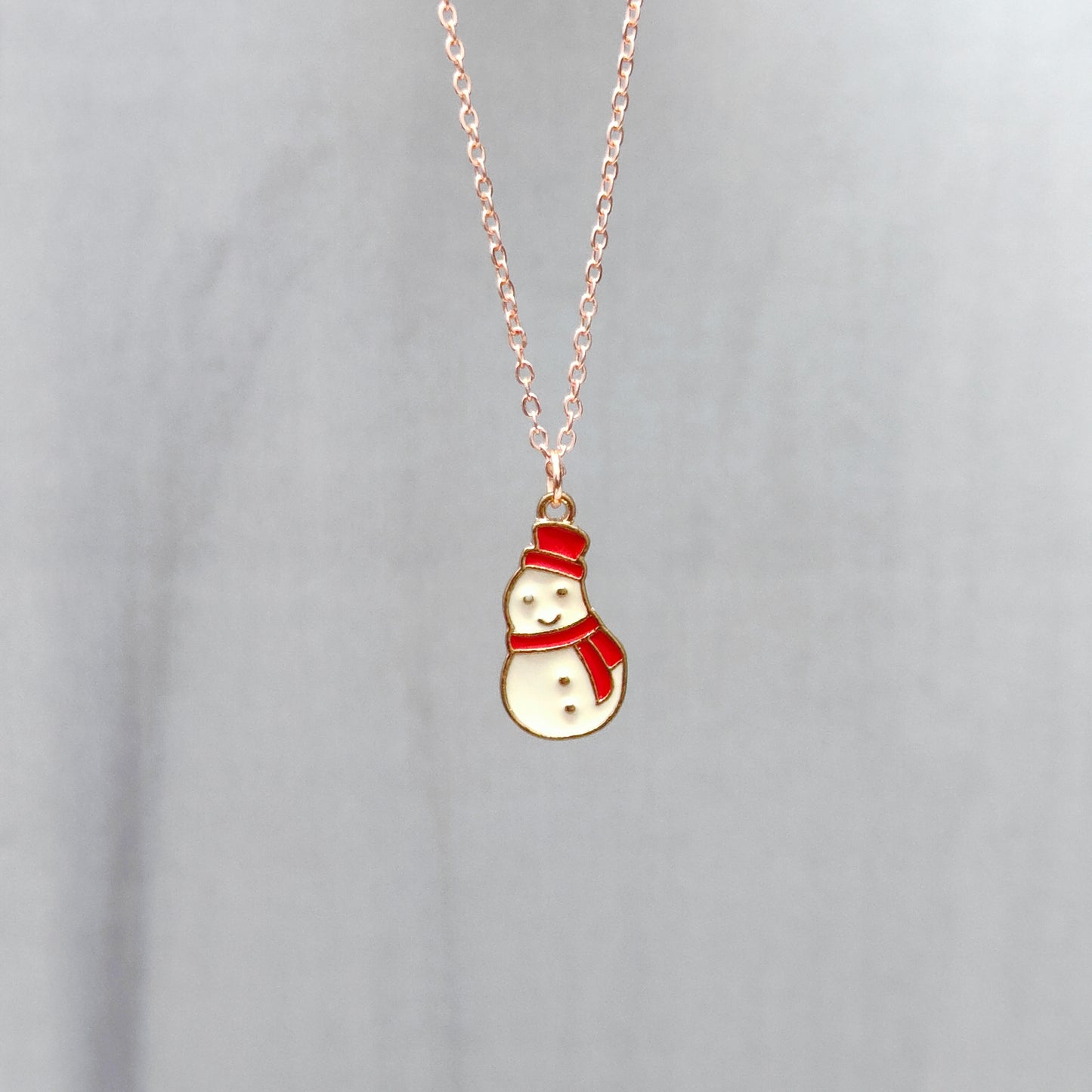 Mini Smiling Snowman Rose Golden Christmas Charm Necklace