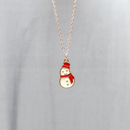 Mini Smiling Snowman Rose Golden Christmas Charm Necklace