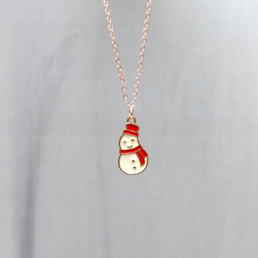 Mini Smiling Snowman Rose Golden Christmas Charm Necklace