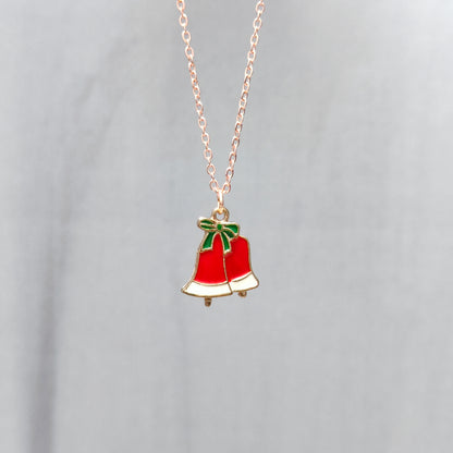 Double Jingle Bells Rose Golden Christmas Charm Necklace