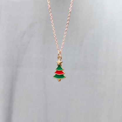 Mini Xmas Tree Rose Golden Christmas Pendant Set (Necklace & Earrings)