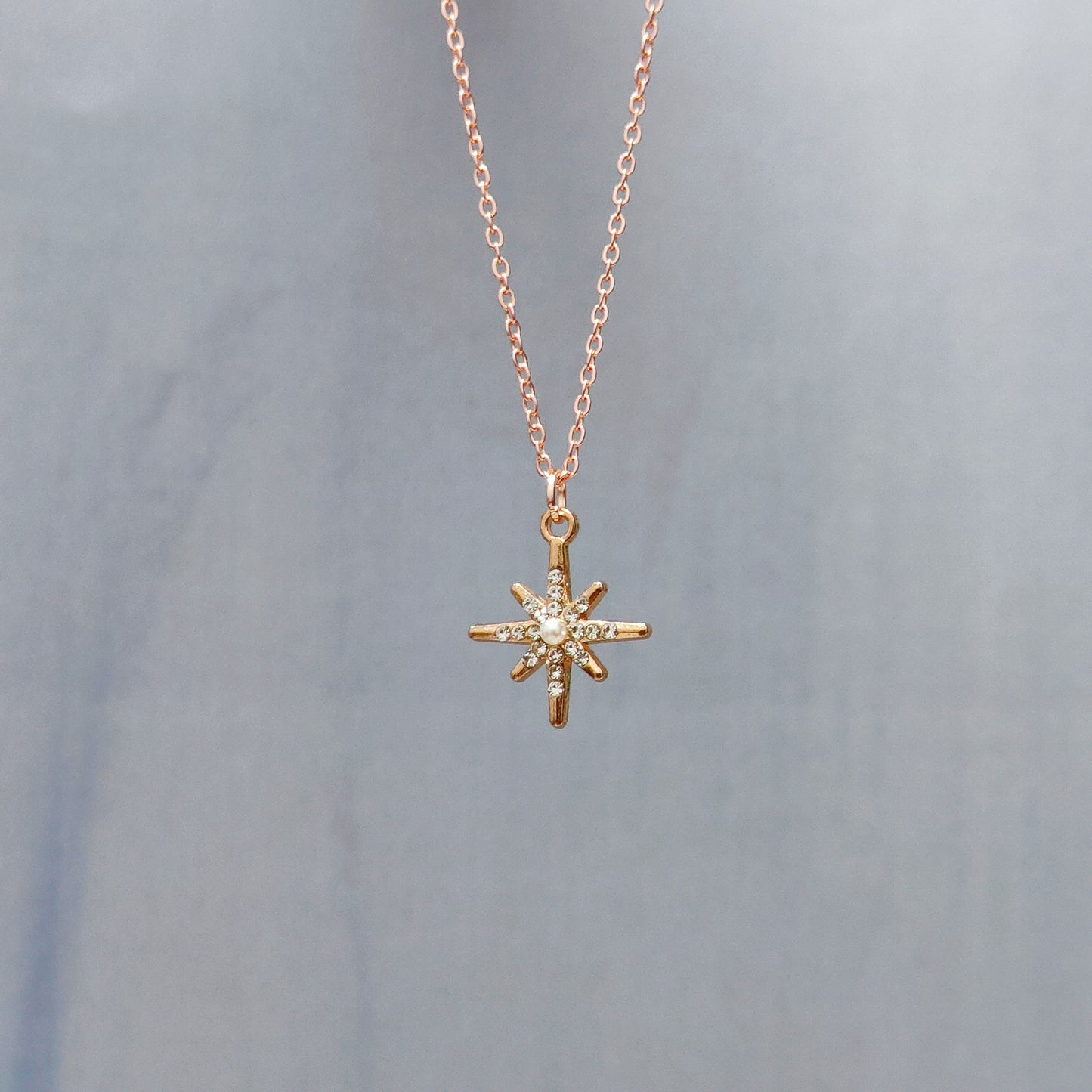 Studded Snowflake Rose Golden Christmas Charm Necklace