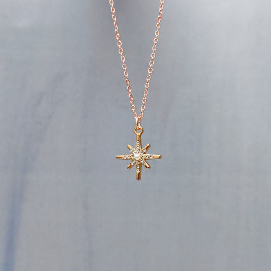 Studded Snowflake Rose Golden Christmas Charm Necklace