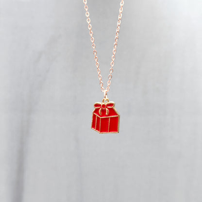 Red Mini Giftbox Rose Golden Christmas Pendant Set (Necklace & Earrings)