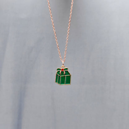 Green Mini Giftbox Rose Golden Christmas Charm Necklace