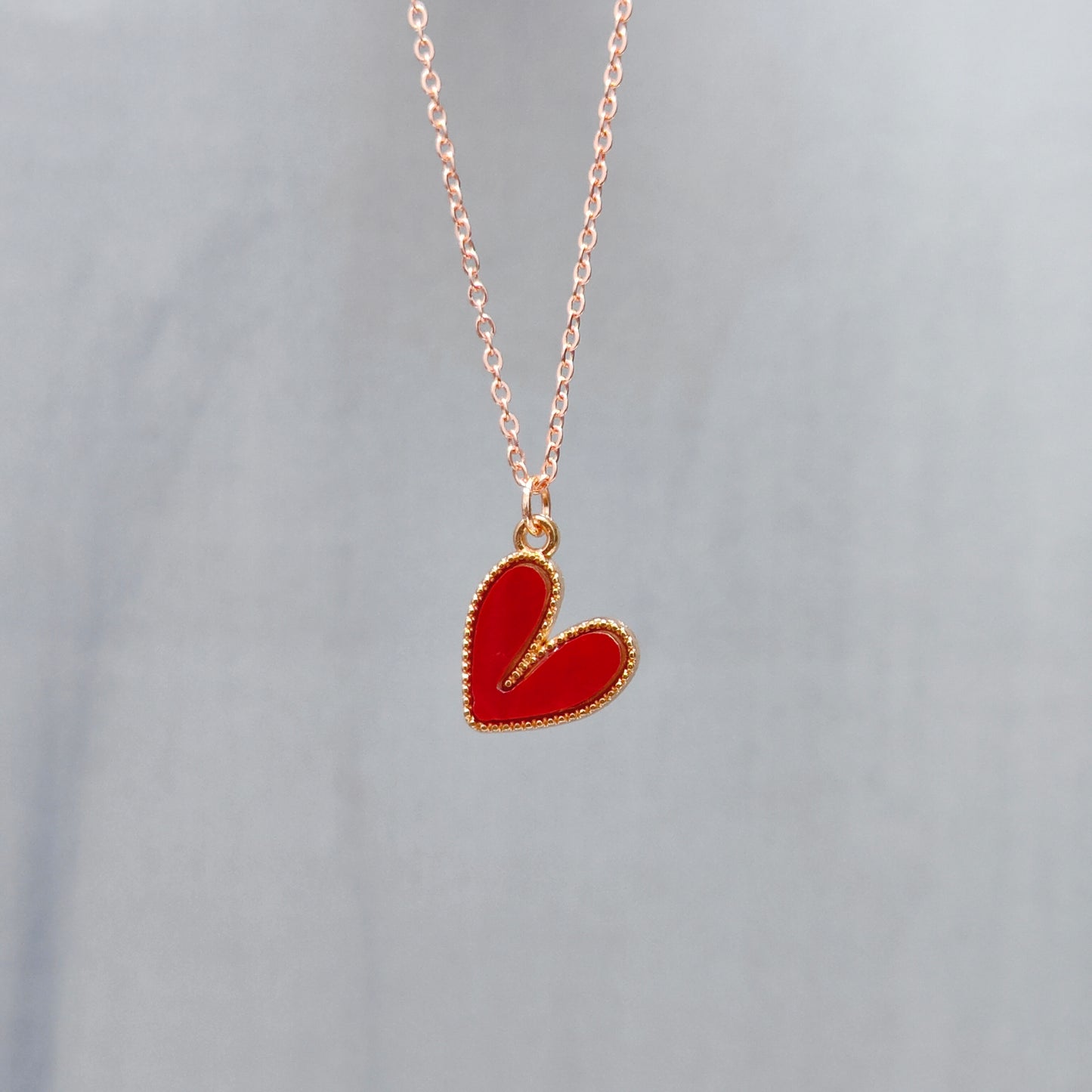 Glossy Red Heart Rose Golden Christmas Charm Necklace