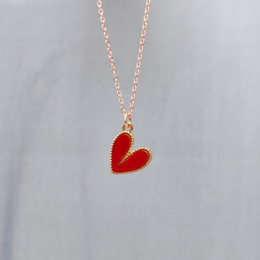 Glossy Red Heart Rose Golden Christmas Charm Necklace
