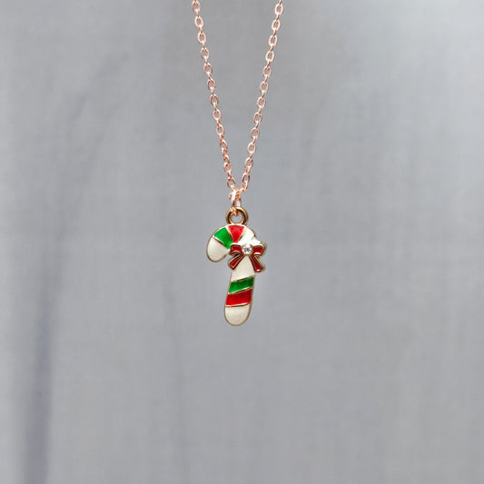 Candycane Rose Golden Christmas Charm Necklace