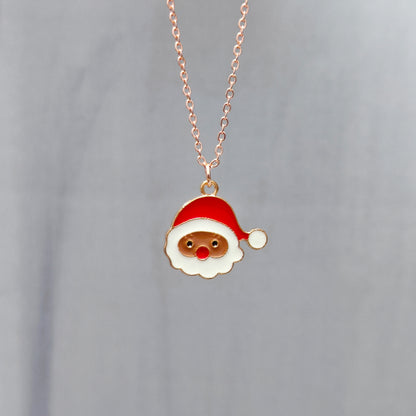 Cute Santa Face Rose Golden Christmas Charm Necklace