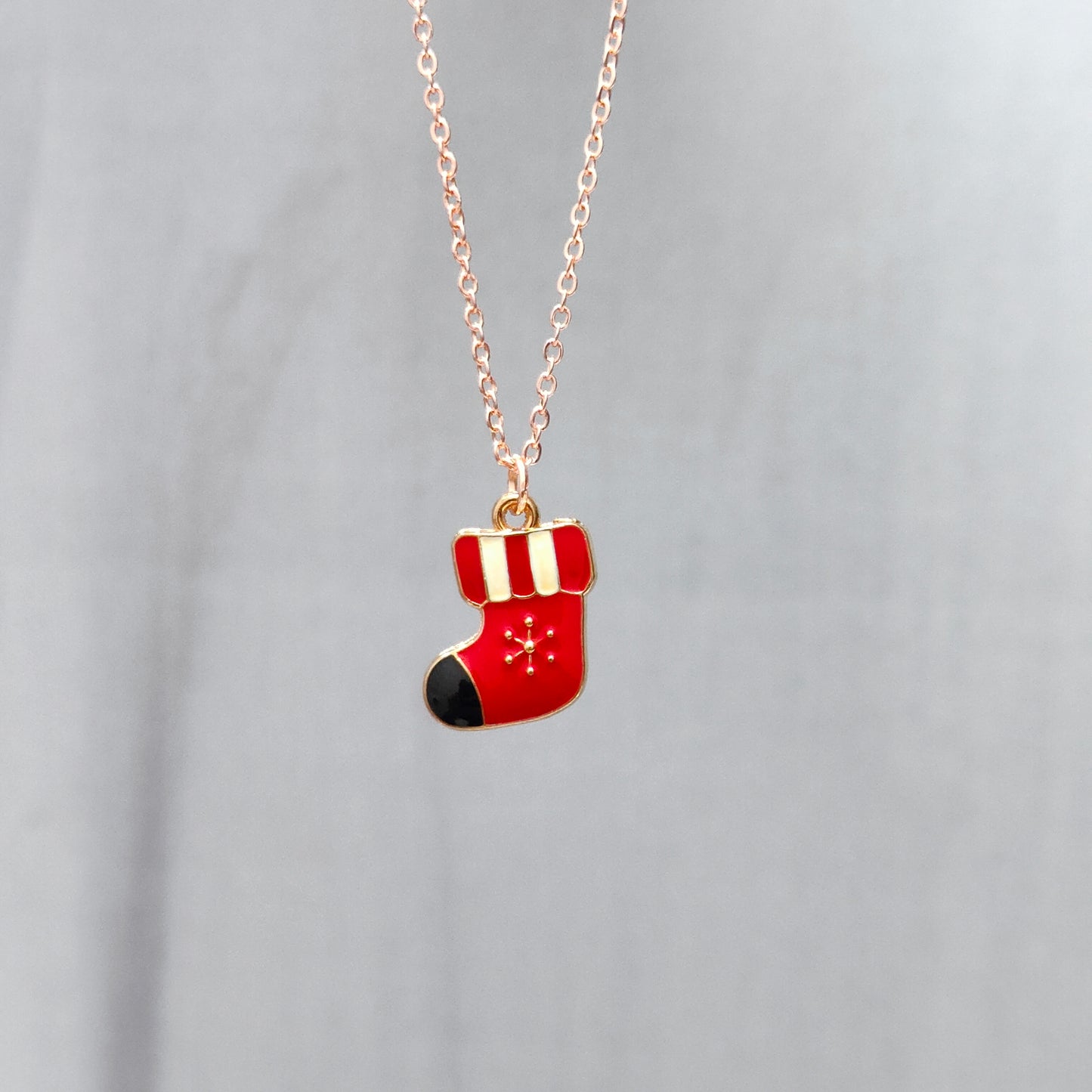 Snuggly Snowflake Sock Rose Golden Christmas Charm Necklace