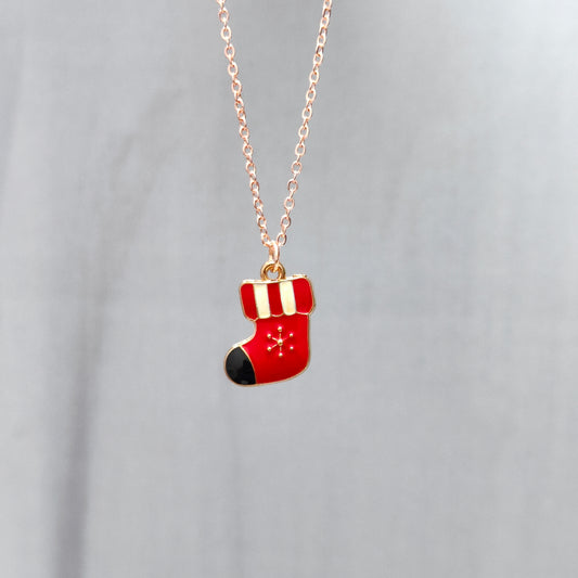 Snuggly Snowflake Sock Rose Golden Christmas Pendant Set (Necklace & Earrings)