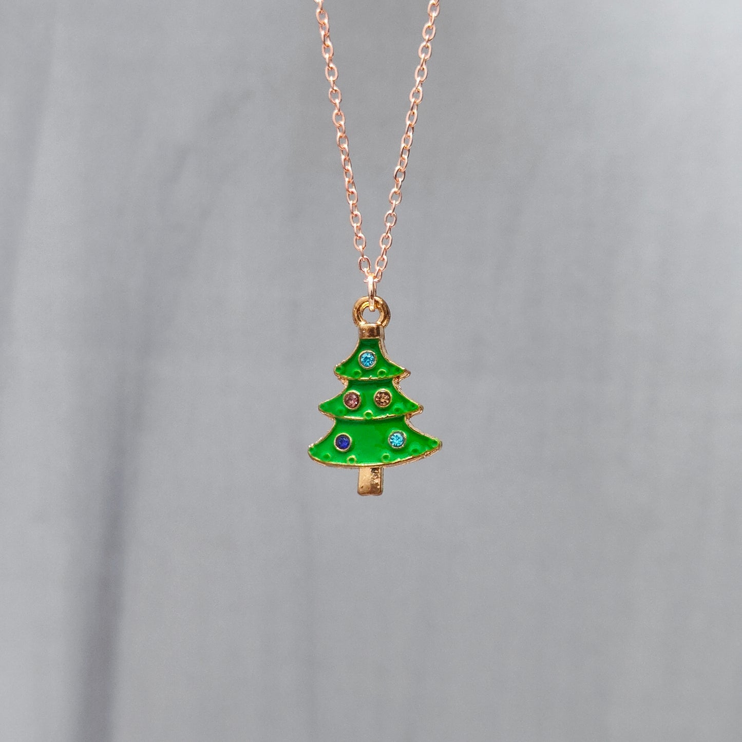 Multicolour Studded Xmas Tree Rose Golden Christmas Pendant Set (Necklace & Earrings)