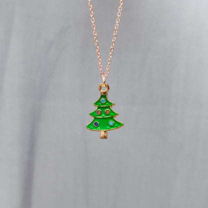 Multicolour Studded Xmas Tree Rose Golden Christmas Pendant Set (Necklace & Earrings)