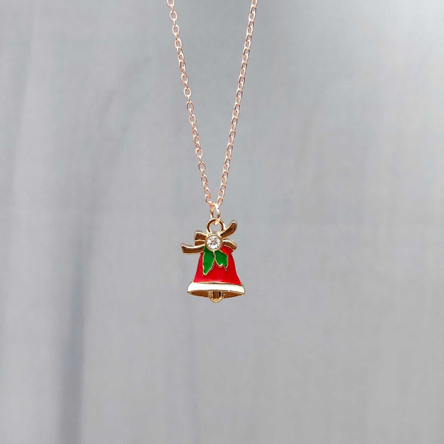Studded Jingle Bell Rose Golden Christmas Charm Necklace