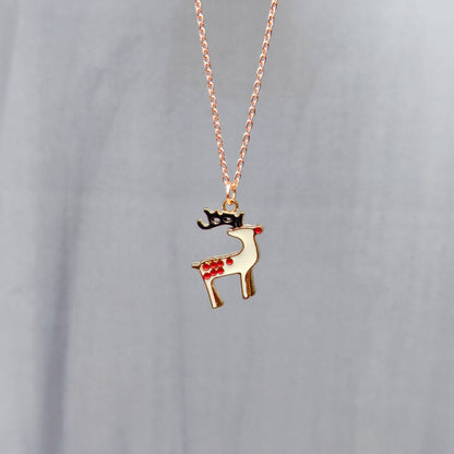 Spotted Reindeer Rose Golden Christmas Charm Necklace